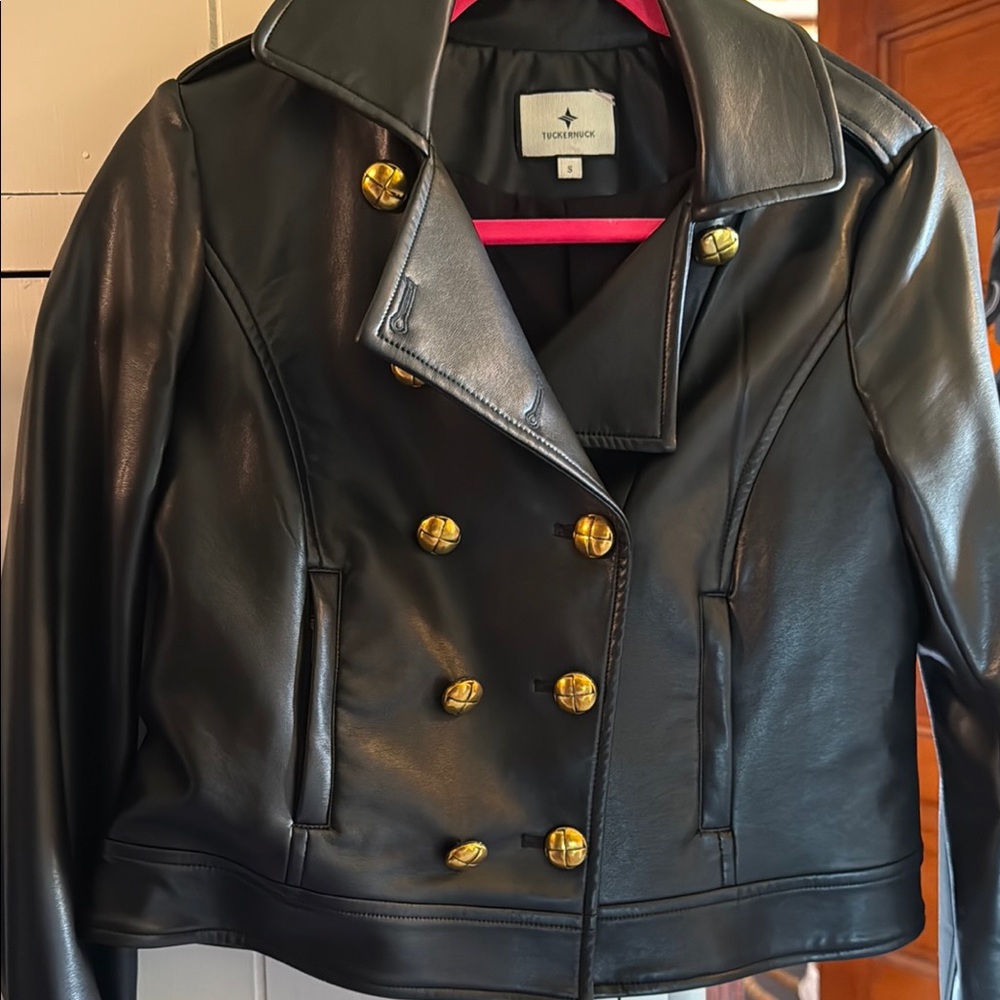 Tuckernuck Black vegan Leather Jacket with Gold Buttons. Size Small